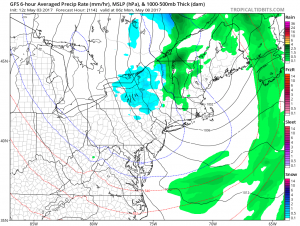 The American GFS forecast model continues to suggest snow for parts of the northeast over the chilly upcoming weekend.  This panel shows expected conditions at the surface for late Sunday night.  Image: TropicalTidbits.com