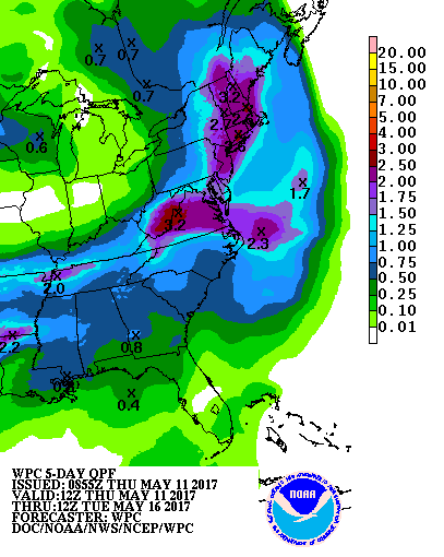 The National Weather Service's Weather Prediction rainfall map shows heavy rains falling over the Mid Atlantic and New England over the next 5 days as a result of a potent coastal storm.