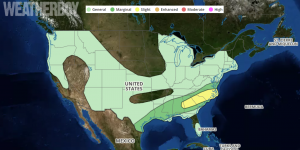 The Convective Outlook for Memorial Day shows the greatest threat of severe weather over the southeastern US.
