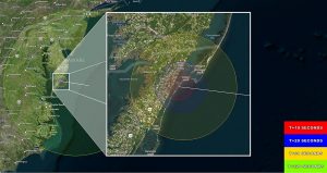 Viewing area of scheduled rocket launch from NASA Wallops Flight Facility in Virginia; map indicates how many seconds after launch the rocket should be visible. The rocket will move east over the Atlantic Ocean, following the yellow flight path line. Map: NASA Wallops Flight Facility