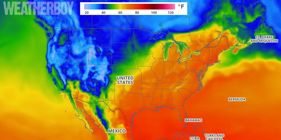 Temperatures in the 90's will push up the east coast on Thursday, as this map from Weatherboy.com shows.