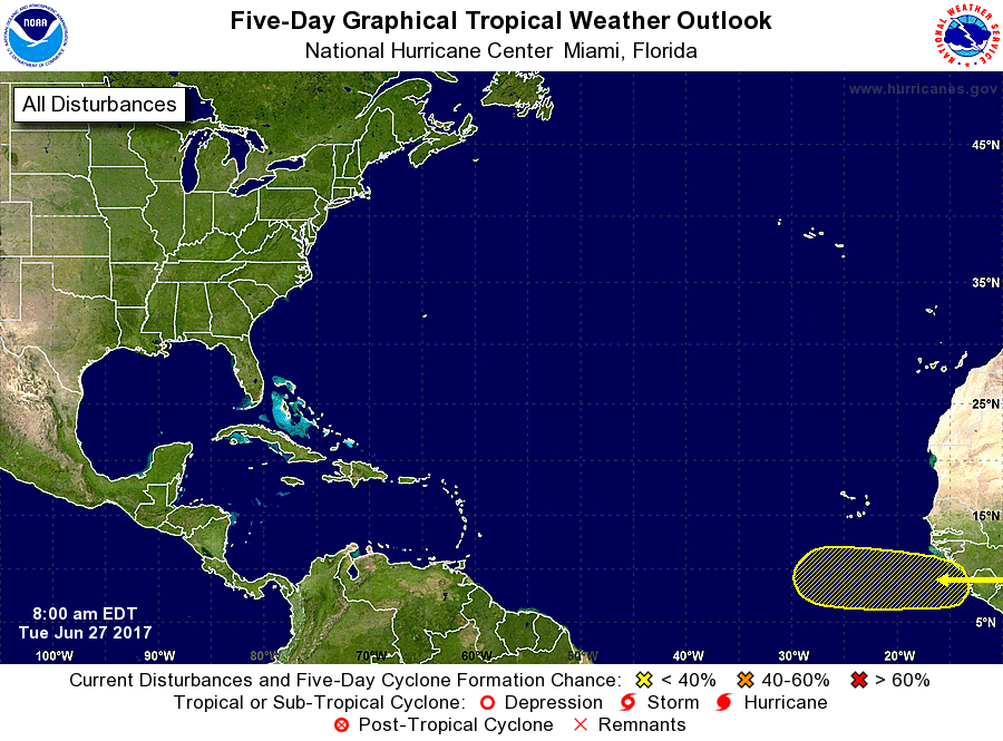 Latest five day outlook from the National Hurricane Center shows an area of concern in the distant Atlantic that  has a low chance of developing this week.  Image: National Hurricane Center