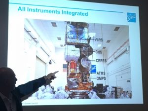 Alex Chernushin describes how the instruments onboard the JPSS-1 are organized at a media event on June 19., 2017. Photo: Weatherboy