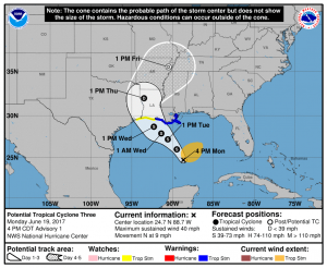A system in the Gulf of Mexico is expected to intensify to Tropical Storm status soon and be named Cindy. Tropical Storm Watches & Warnings are now up for part of the Louisiana and Texas coast. Map: National Hurricane Center