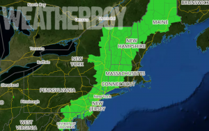 The National Weather Service has issued Flash Flood Watches (green) for a large part of the Mid Atlantic and Northeast; this region may see floods during the PM hours today as very heavy downpours fall from strong to severe storms. Map: weatherboy.com