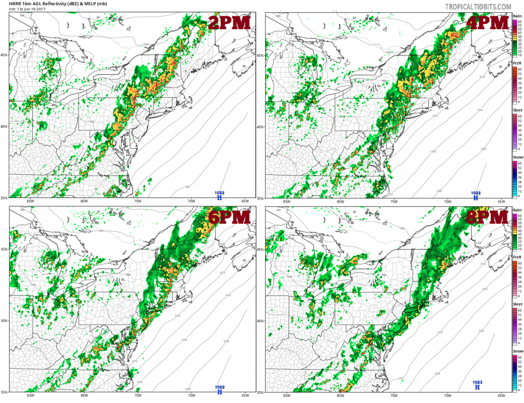A high-resolution, short-duration model, suggests the severe activity will be at its worse between 2pm and 8pm across the Mid Atlantic. This is a simulated RADAR view. Storms may move faster or slower than what is modeled here. Image: TropicalTidbits.com