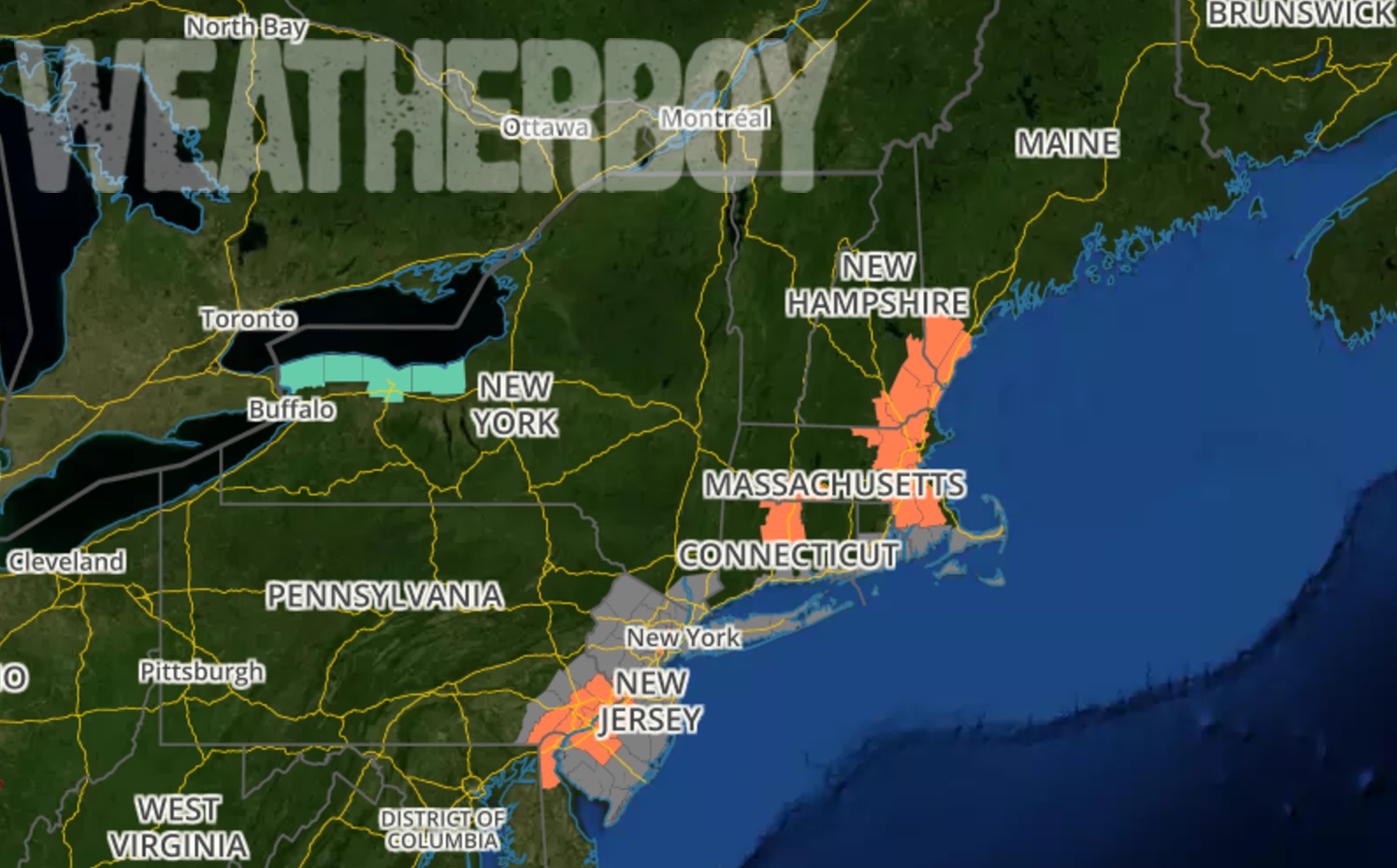 The National Weather Service has issued Heat Advisories (orange) and Air Quality Alerts (gray) in the northeastern US. Map: weatherboy.com