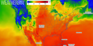 Forecast high temperature map for Saturday shows the heat beginning to anchor itself over the eastern part of the country. Map: Weatherboy.com