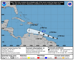 Tropical Storm Watches have been issued for portions of the Caribbean ahead of Potential Tropical Cyclone #2.  Map: National Hurricane Center