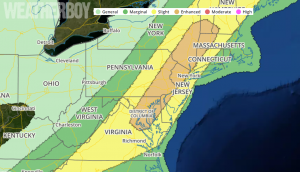 The Storm Prediction Center illustrates an enhanced risk of severe weather over portions of the Mid Atlantic on Monday. Map: Weatherboy.com