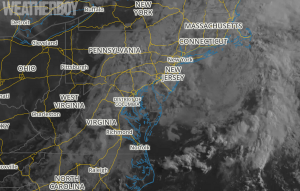 Current satellite image of the Mid Atlantic area shows mostly cloudy skies. Image: Weatherboy.com
