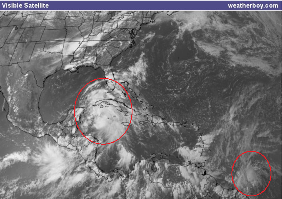 Latest visible satellite map shows two areas of concern being tracked by the National Hurricane Center. Either or both of these storms have the potential of impacting the US as a named tropical cyclone in the coming days. Image: Weatherboy.com