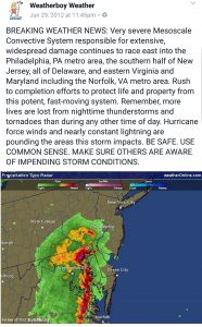 Prior to the deadly impact on New Jersey, Weatherboy's Facebook page warned of the inbound threat. Image: Weatherboy/Facebook
