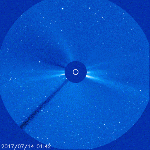 SOHO LASCO C3 imager captured the CME that impacted Earth on July 16. Image: Space Weather Prediction Center