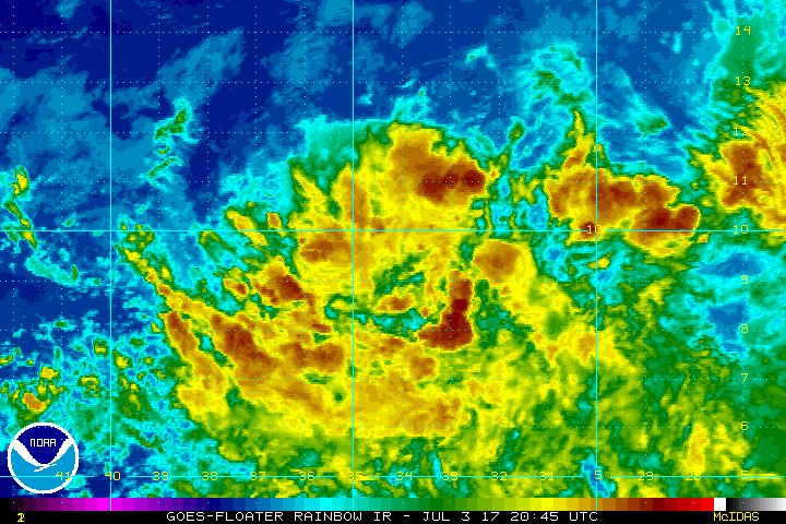 A tropical cyclone in the far Atlantic is likely to become Tropical Storm Don this week. Satellite Photograph: NOAA