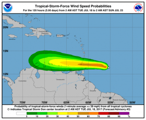 Map illustrates tropical storm force wind speed probabilities associated with Tropical Storm Don. Map: National Hurricane Center