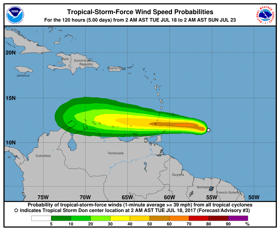 Map illustrates tropical storm force wind speed probabilities associated with Tropical Storm Don.  Map: National Hurricane Center