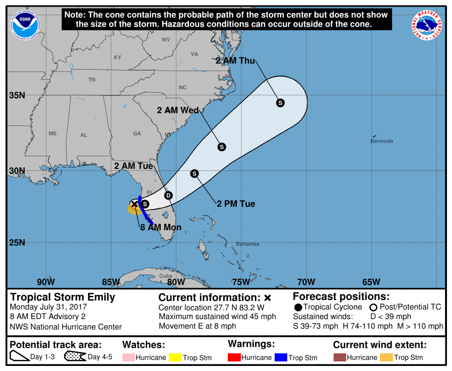 Tropical Storm Warnings are now up from the Anclote River south to Bonita Beach, including the islands of Capitva and Sanibel. Map: NHC