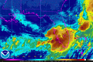 Enhanced satellite photograph of Florida shows Tropical Storm Emily along the Gulf coast. Image: NOAA