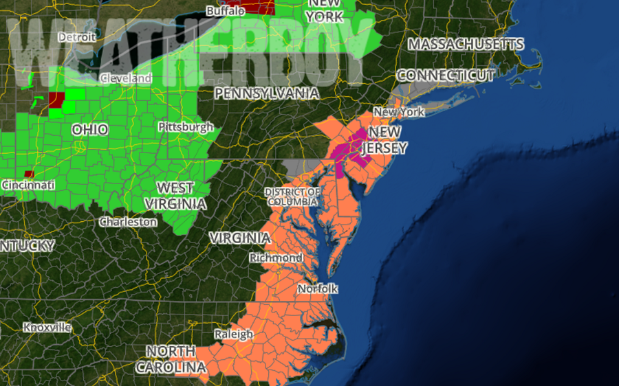 The National Weather Service has issued Excessive Heat Warnings (purple) and, Heat Advisories for the heavily populated I-95 corridor today. Air quality advisories (gray) are up too, while a line of showers and storms is producing flood-related advisories in green/red in western Pennsylvania and upstate New York.. Map: weatherboy.com 