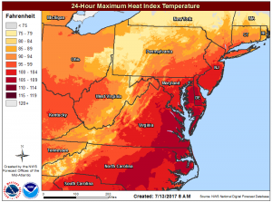 Forecast maximum heat index values for the Mid Atlantic for Thursday. Map: National Weather Service