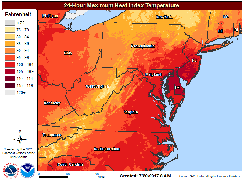 Heat Index values near or over 100 degrees will be experienced over portions of Pennsylvania, New Jersey, Delaware, Maryland, and Virginia today. Map: National Weather Service