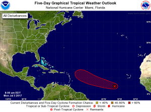 The NHC shows the area where a tropical cyclone may form and travel to over the next 5 days. Map: NHC