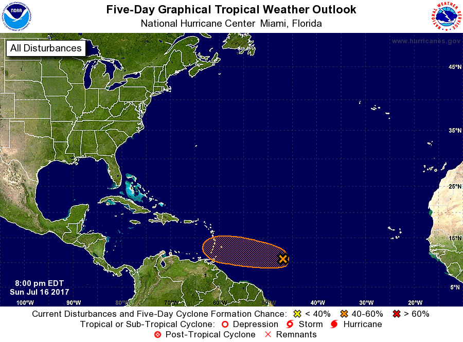 The current five day outlook for the Atlantic Hurricane basin.  Map: National Hurricane Center