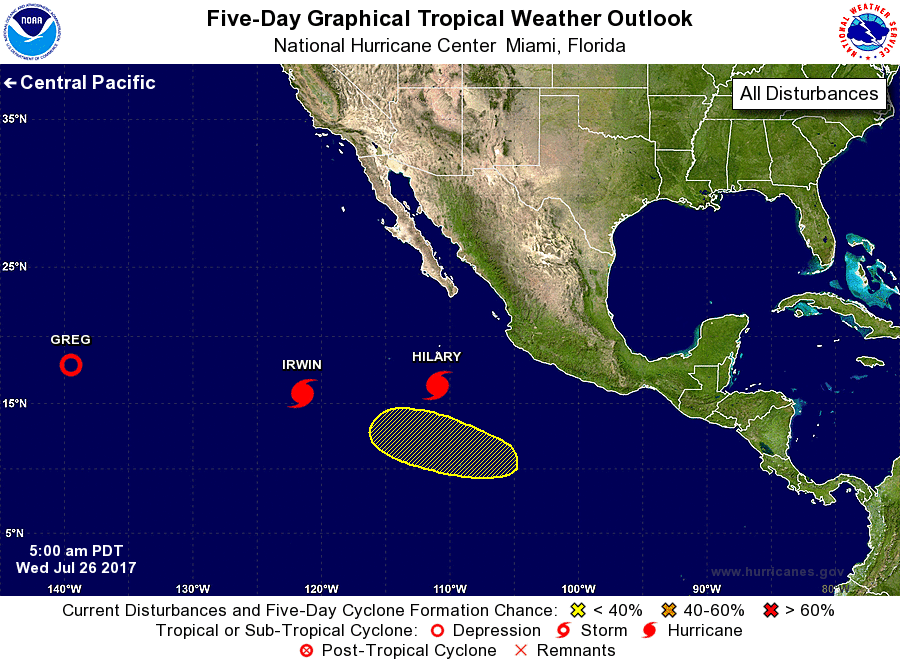 Latest 5-day outlook for the Pacific Hurricane Basin from the National Hurricane Center. Map: NHC