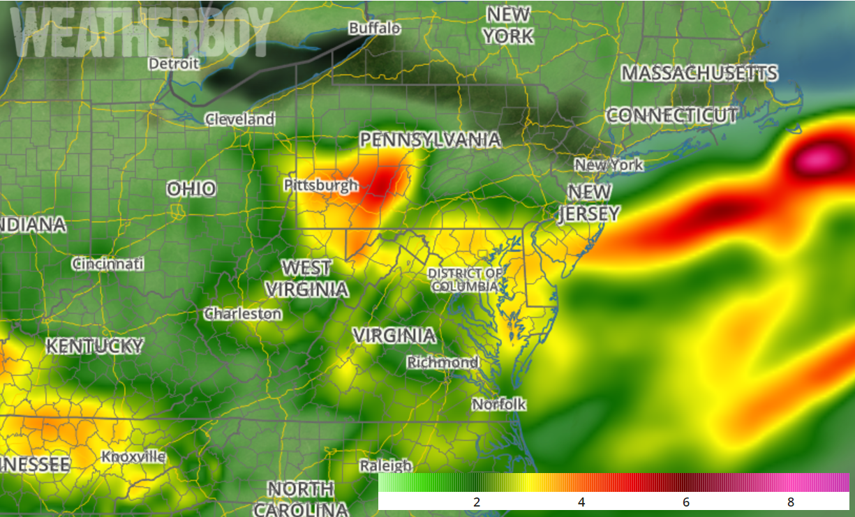 Heavy rain is forecast to fall over portions of the Eastern US; this map reflects our forecast totals over the next 72 hours. Map: weatherboy.com