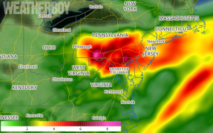 Forecast rainfall map shows the potential for very heavy rain in the orange and red zones. Map: weatherboy.com