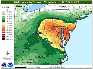 More than 4" of rain is possible in portions of Pennsylvania, New Jersey, Delaware, and Maryland over the next 48 hours. Map: NWS