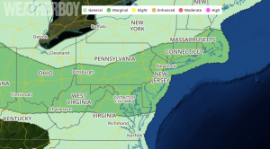 The Storm Prediction Center's Convective Outlook shows where the best chance of severe weather is today in dark green. Map: Weatherboy.com