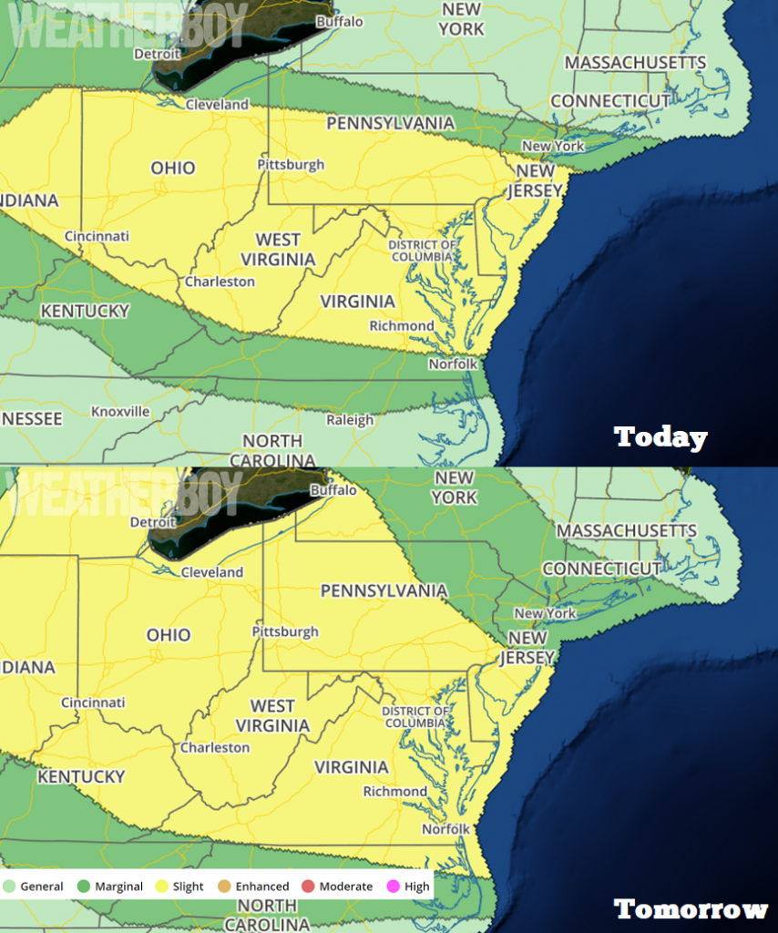 The National Weather Service Storm Prediction Center's Convective Outlook shows severe weather threats. The yellow area on the map shows the best chances for severe weather today (top) and tomorrow (bottom.) Map: weatherboy.com