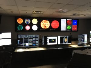 Monitors present detailed information of current space weather conditions at the Space Weather Prediction Center. Photograph: Weatherboy