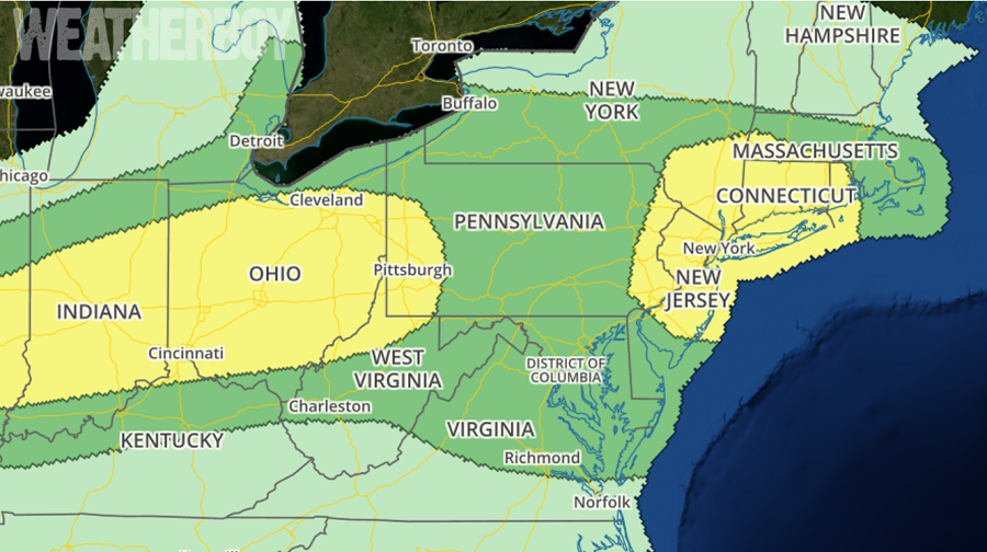 The National Weather Service's Storm Prediction Center has outlined areas in yellow where there's an increased risk of severe weather today.  Map: weatherboy.com