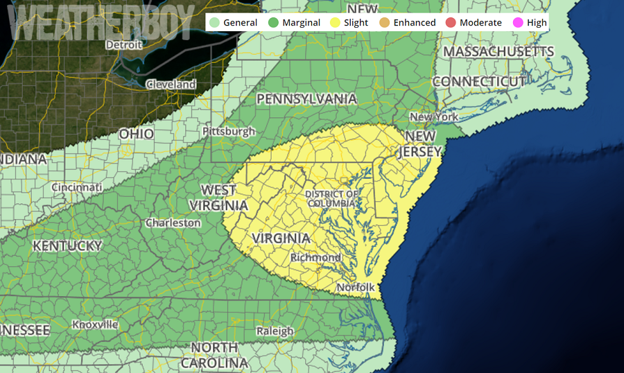 Today's Convective Outlook from the National Weather Service's Storm Prediction Center. Map: weatherboy.com