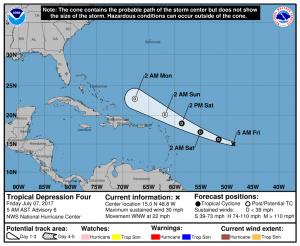 Latest official NHC forecast track for Tropical Depression #4. Map: National Hurricane Center