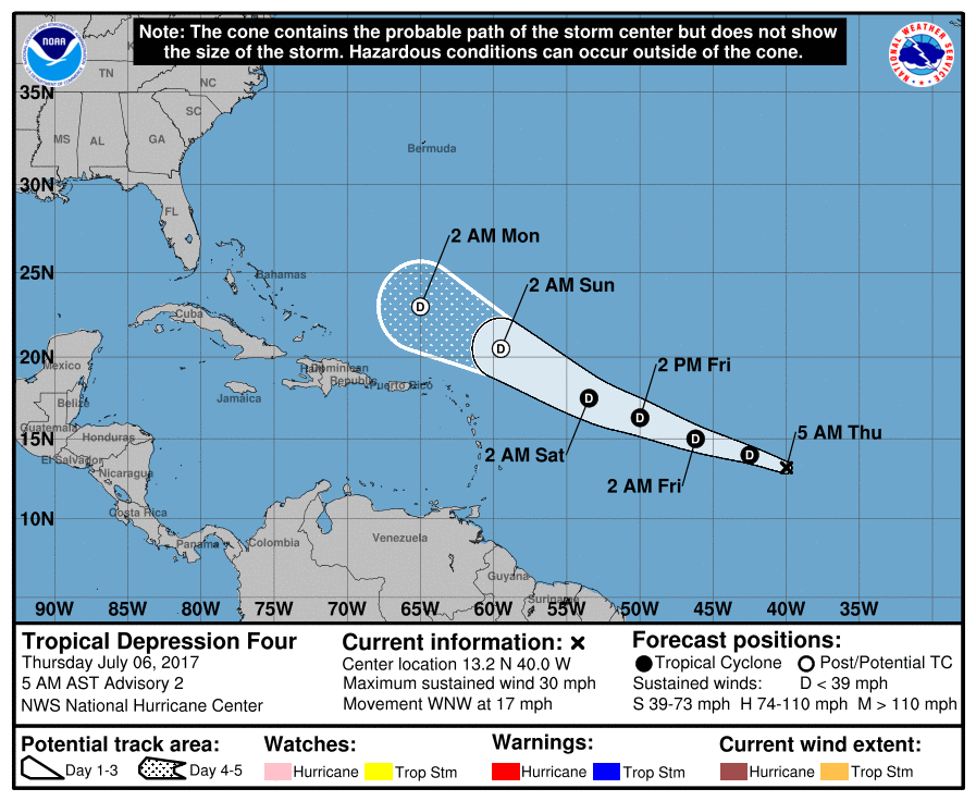 Latest forecast track on Tropical Depression #4. Map: National Hurricane Center
