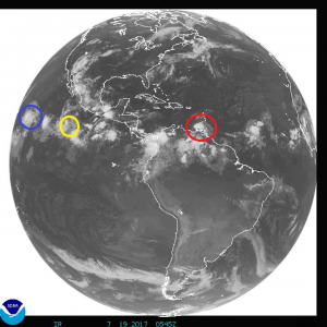 Full disc view from GOES weather satellite that shows what's left of Don in red, Fernanda in blue, and Greg in yellow. Image: NOAA