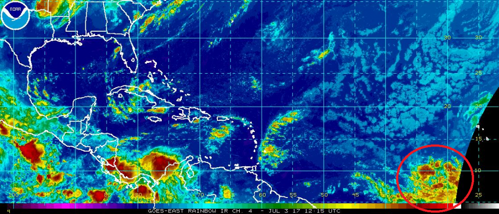 Circled area reflects where development of a tropical cyclone is likely this week. Satellite Image: NOAA