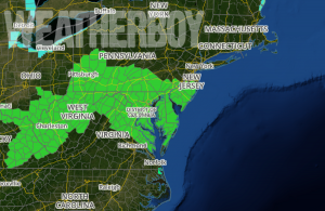 Flash Flood Watches issued by the National Weather Service appear in green on this advisory map. Map: Weatherboy.com