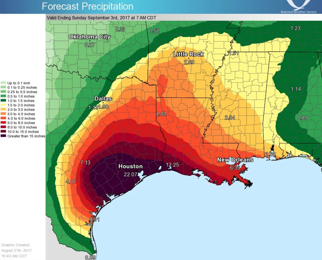 Additional forecast rainfall from Harvey through September 3.  Map: NWS