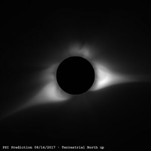 Predictive Science, Inc's forecast view of the corona during the Great American Total Eclipse on August 21, 2017.