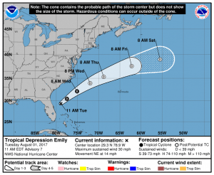 What's left of Emily will pass into the open waters of the Atlantic. It will not directly impact the US East Coast nor Bermuda. Map: NHC