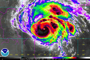 An enhanced satellite view of Hurricane Harvey on August 25, 2017. Image: NOAA