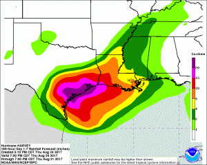 Forecast rainfall from hurricane Harvey may exceed 30" over the weekend. Image: NWS