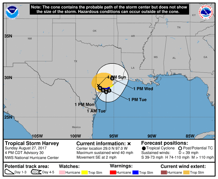 Latest forecast path and watches from the National Hurricane Center for Harvey. Image: NHC