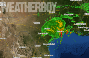 Latest RADAR from weatherboy.com shows incredible heavy rain rotating into Texas from Harvey; rain is falling at rates greater than 5"/hour in the metro Houston area.