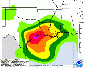 Heavy rain from Harvey is expected over the Gulf Coast in the coming days. Image: NWS